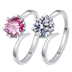 Classic six-prong adjustable rings with pink and white round moissanite stones