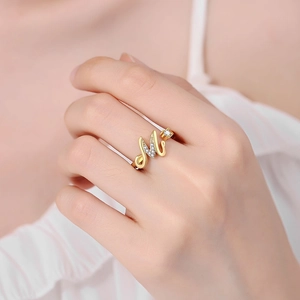 Adjustable gold M-letter ring with crystal zircon stones for women's fashion jewelry