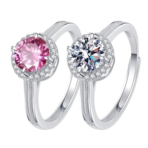 Adjustable sterling silver rings with pink and white halo-set moissanite stones