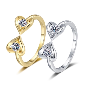 Twin Heart Open Adjustable Ring Copper Round Zircon Inlaid Minimalist Fashion Jewelry For Women Elegant Finger Accessory