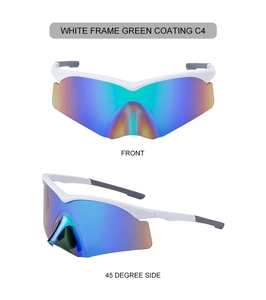 Front and 45-degree side views of white half-frame sports cycling sunglasses with green lens