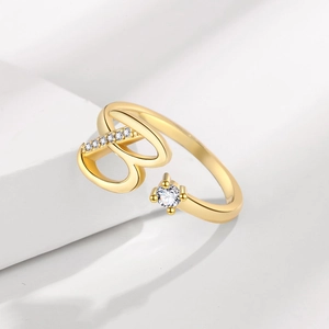Adjustable gold ring with letter B design and shimmering zircon stones for women