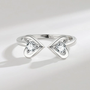 Elegant silver double heart adjustable ring with sparkling cubic zirconia stones for women