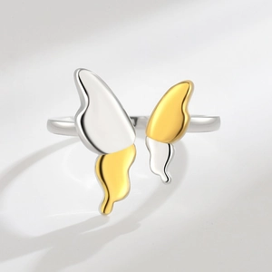 Minimalist butterfly open ring with two-tone silver and gold plated wing design