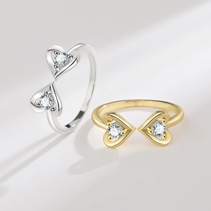 Double heart open rings in silver and gold colors with sparkling zircon crystals