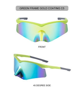 Macro detail of half-frame sports sunglasses with neon green frame and gold coating C5