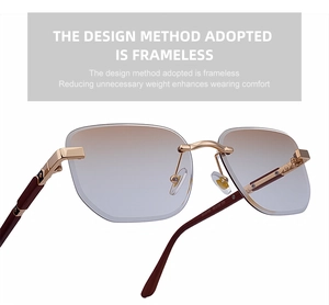 Details einer rahmenlosen Sonnenbrille mit Verlaufsgläsern und Bügeln in Holzoptik