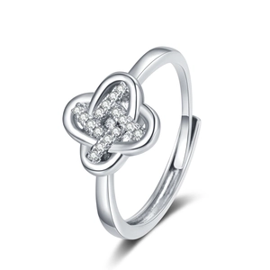 Silver four-leaf clover ring with sparkling cubic zirconia diamonds and adjustable band