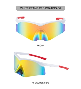 Detailed views of white cycling sunglasses with red coating and gradient lenses