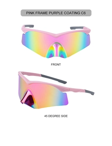 Detailed view of pink semi-rimless cycling sunglasses with purple iridescent lens coating