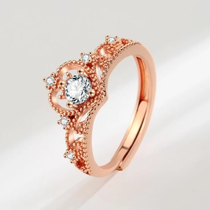 Elegant rose gold crown ring with sparkling white zircon and adjustable open band