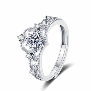 Adjustable silver crown ring with a large brilliant-cut crystal and micro-pave accents