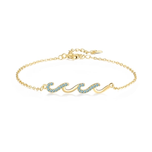 Elegant gold wave bracelet with sparkling blue crystals and S925 sterling silver chain