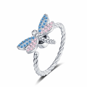 Adjustable silver dragonfly ring with blue and pink pavé zircon wings and twisted band