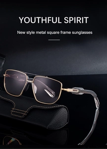 Close-up of square gold metal sunglasses with dark lenses and a premium leather case
