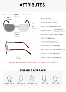 Größentabelle mit Abmessungen und Spezifikationen für die rahmenlose phototrope Sonnenbrille
