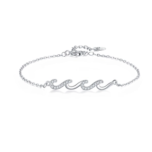 S925 sterling silver wavy bracelet featuring sparkling diamonds and polished finish