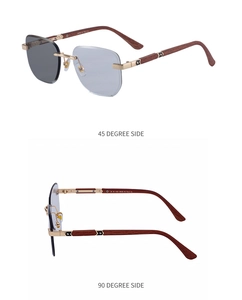 Details einer rahmenlosen Sonnenbrille mit Verlaufsgläsern und Bügeln in Holzoptik