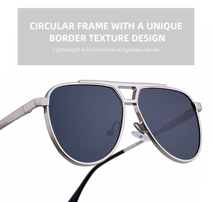 Detail of silver aviator sunglasses featuring a circular frame and dual-bridge design
