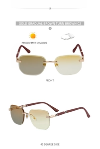 Detailansicht der randlosen phototropen Sonnenbrille mit Holzbügeln und Metallsteg