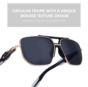 Detail of square double-bridge sunglasses with black frame and golden metal finish