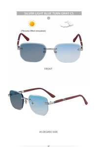 Detail der selbsttönenden randlosen Sonnenbrille mit Übergang von blauem zu grauem Glas