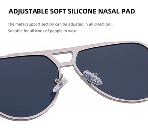 Detail of adjustable soft silicone nose pads on classic silver pilot sunglasses