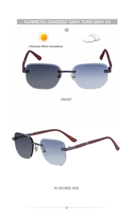 Detailansicht der photochromen randlosen Sonnenbrille mit Bügeln in Holzoptik