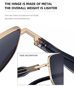Close-up of golden metal hinge and side decoration on sleek square frame sunglasses