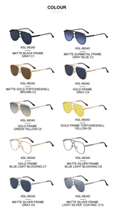 Detailed catalog of 10 pilot sunglasses color options including blue light blocking lenses
