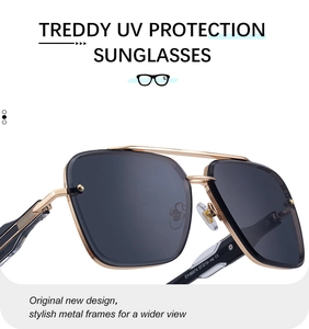 Close-up of semi-rimless gold metal frame sunglasses with UV protection details