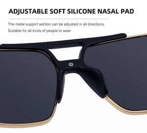 Detail of adjustable soft silicone nose pads on stylish square frame sunglasses