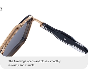 Detailed macro shot of durable golden metal hinges on premium square frame sunglasses