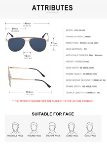 Detailed size specifications for pilot metal sunglasses showing dimensions and materials