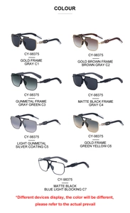 Detailed grid showing seven color options and metallic frame finishes for CY-98375 sunglasses