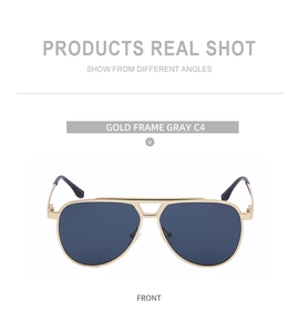 Front view of gold frame aviator sunglasses with dark gray lenses and double bridge detail
