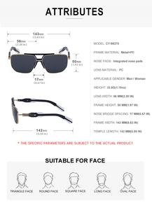 Detailed size specifications and frame measurements for these square pilot sunglasses