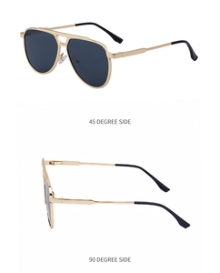 Classic gold pilot sunglasses with dark gray lenses shown from 45 and 90-degree side angles