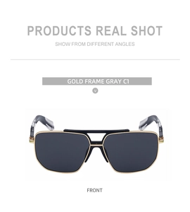 Front view of C1 modern gold metal double bridge sunglasses with gray lenses