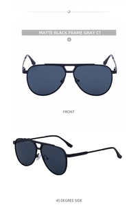 Detail view of matte black pilot sunglasses with classic double bridge and gray lenses
