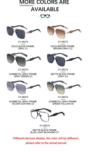 Detailed grid showing seven color variants of square metal frame sunglasses with double bridge