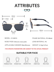 Detailed size specifications for square frame sunglasses including frame width and lens height