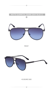 Detail of matte gunmetal pilot sunglasses with gradient gray blue lenses and double bridge