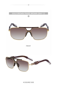 Detailed front and side view of gold-brown pilot square sunglasses with gradient lenses