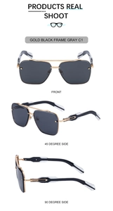 Detailed views of gold and black aviator sunglasses with gray polarized lenses and double bridge