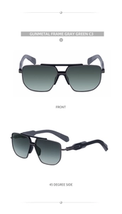Front and 45-degree side views of gunmetal metal pilot sunglasses with gray green lenses