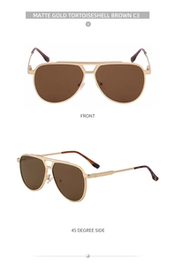 Front and side view of matte gold pilot sunglasses with tortoiseshell brown accents