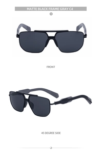 Detailed front and side views of square matte black sunglasses with gray lenses