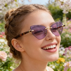 Détail de lunettes œil de chat sans monture avec verres dégradés violets et branches écaillées