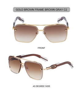 Modern square pilot sunglasses with double gold metal bridge and brown gradient lenses